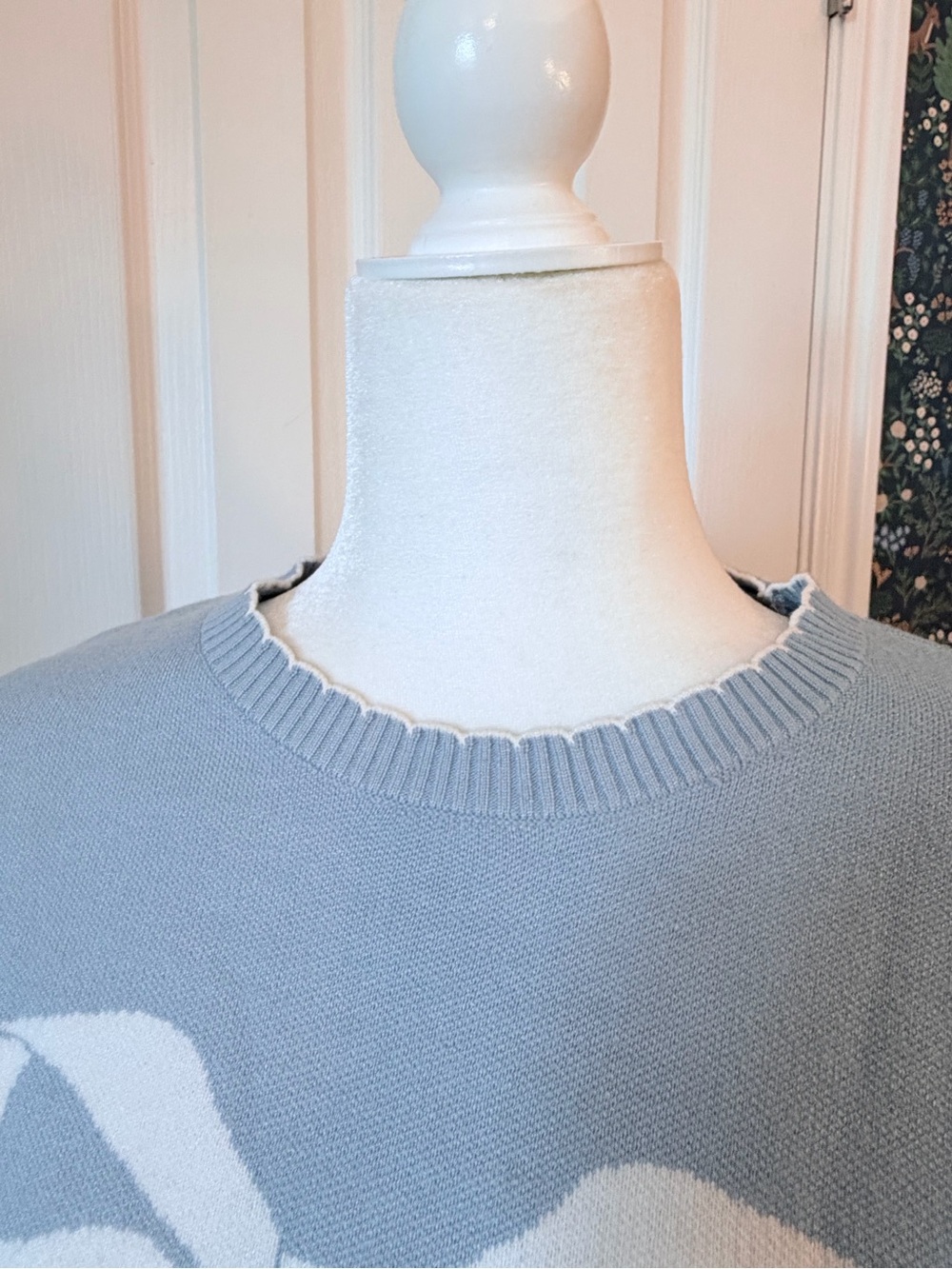 Women's Light Blue Crewneck Sweater with White Bow Detail - Picture 5 of 5